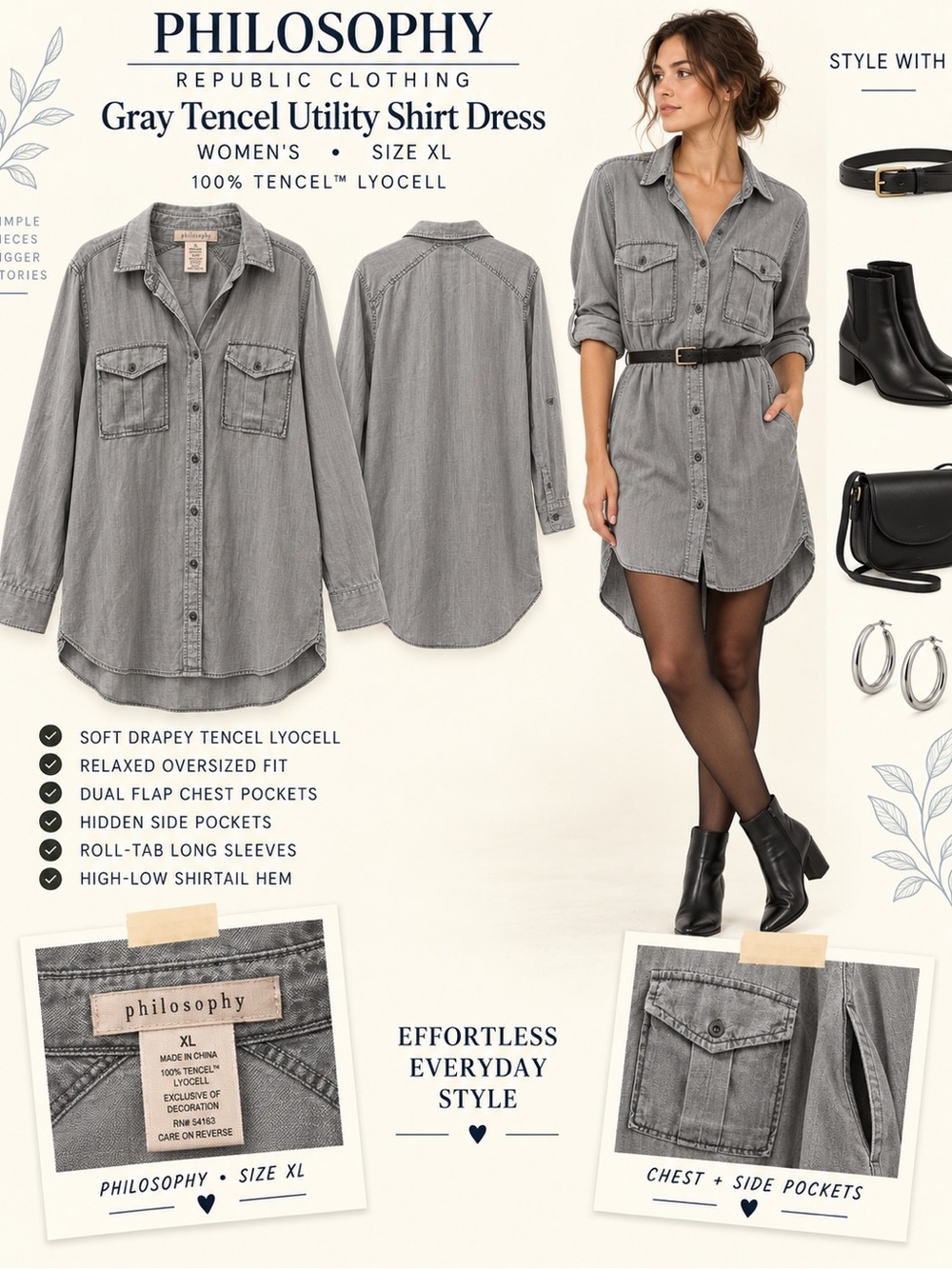Philosophy Gray Tencel Utility Shirt Dress - XL